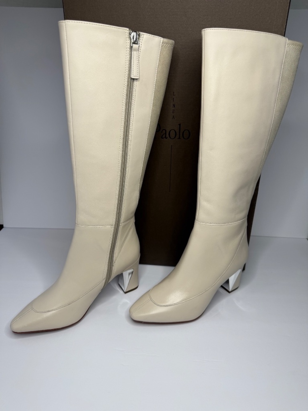 Linea Paolo Jaime Cream Leather Knee-High Boots Sculpted Mid Heel NIB